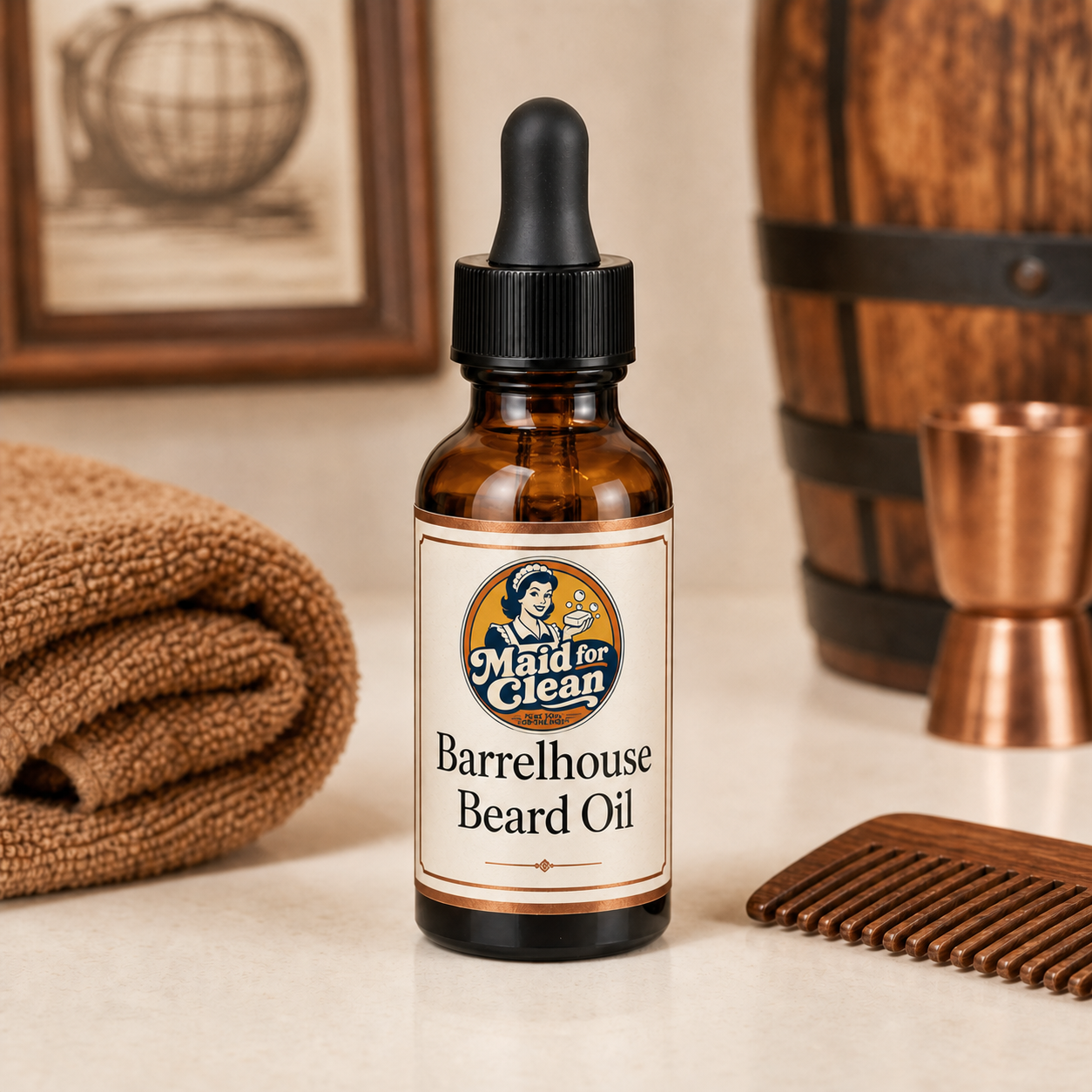 Barrelhouse Beard Oil in an amber glass dropper bottle with towel and comb