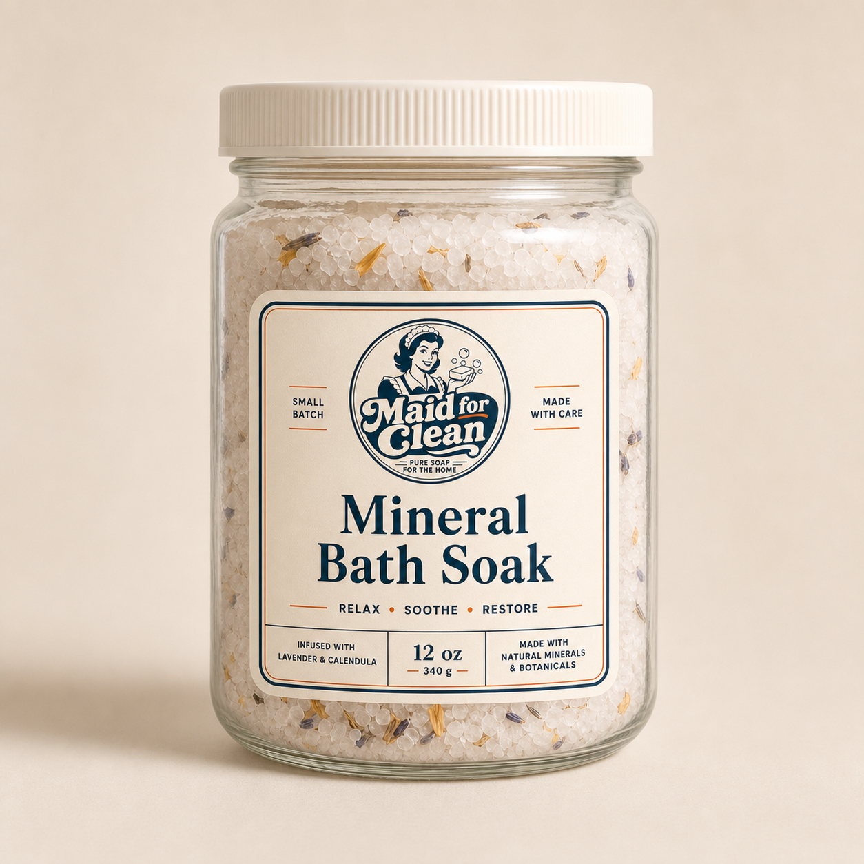 Mineral bath soak jar with Maid for Clean label