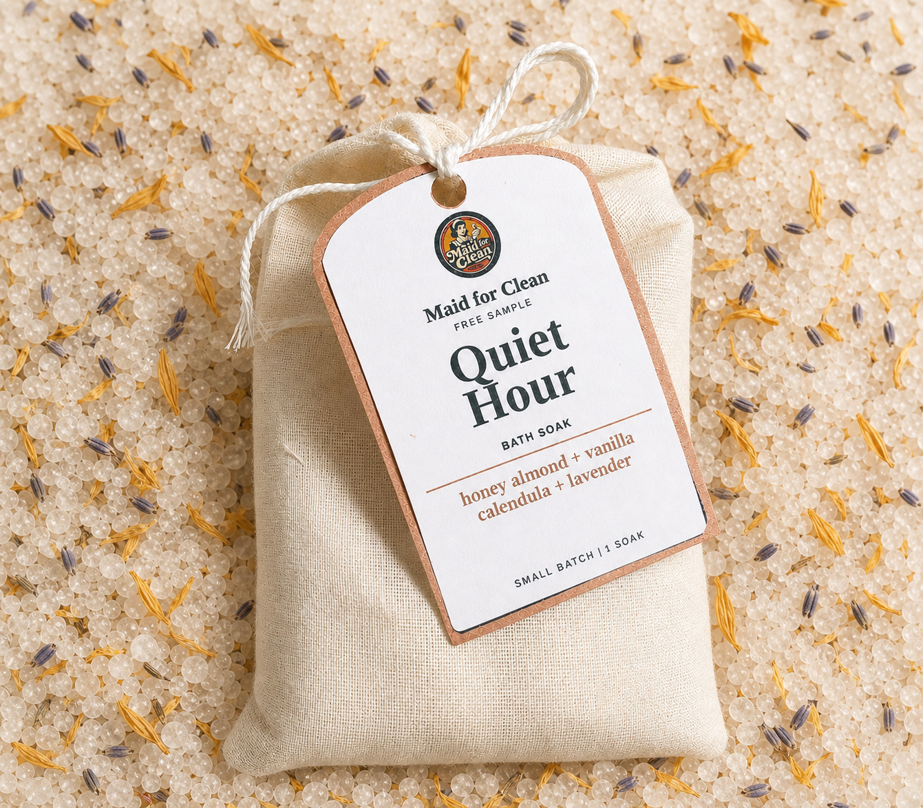 Quiet Hour bath soak pouch with Maid for Clean label and loose mineral salts
