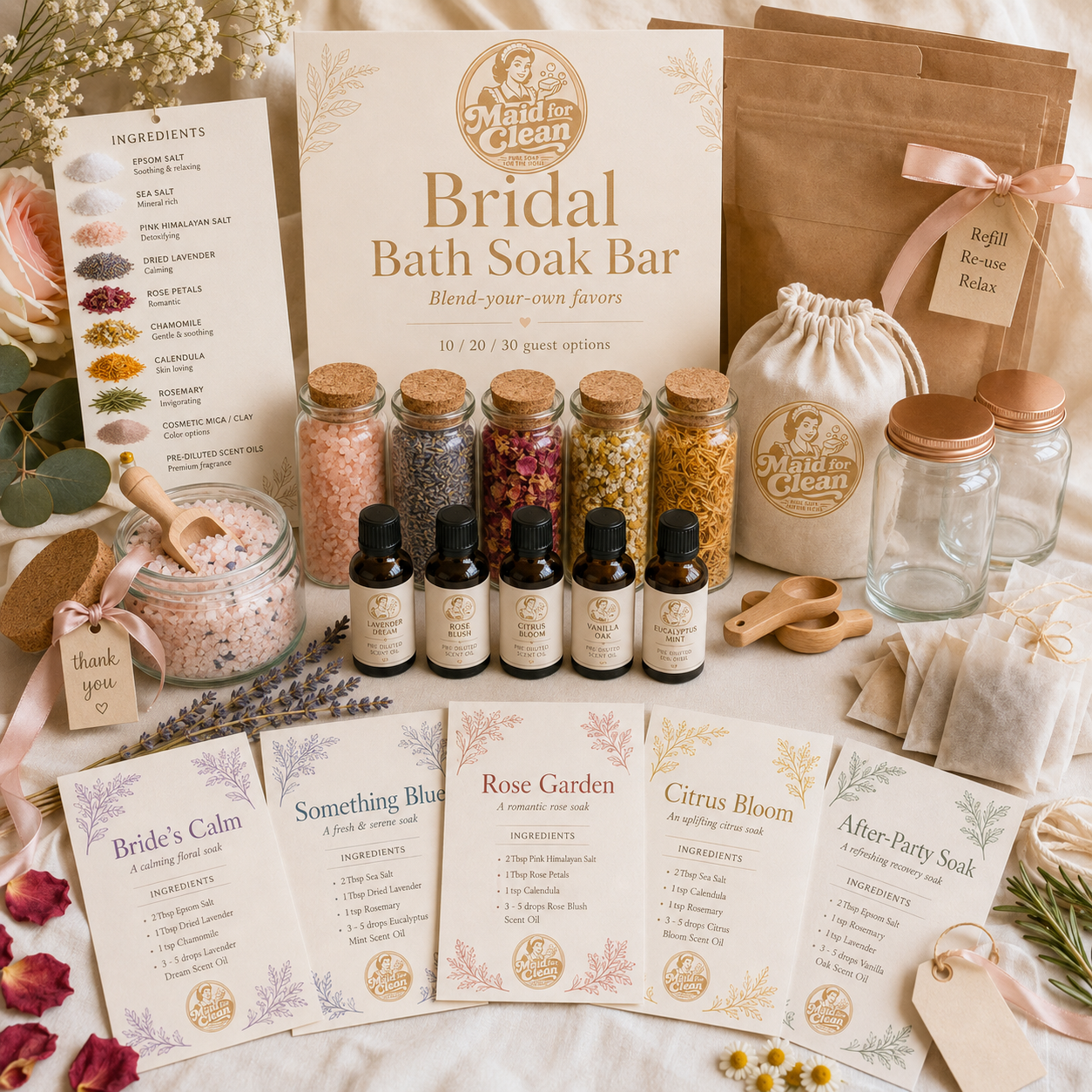 Bridal bath soak bar kit with Maid for Clean signage, salts, botanicals, jars, scent oils, and recipe cards