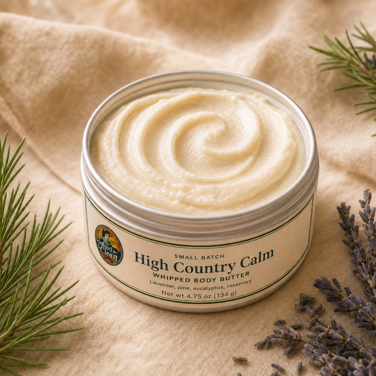 High Country Calm whipped body butter tin with label