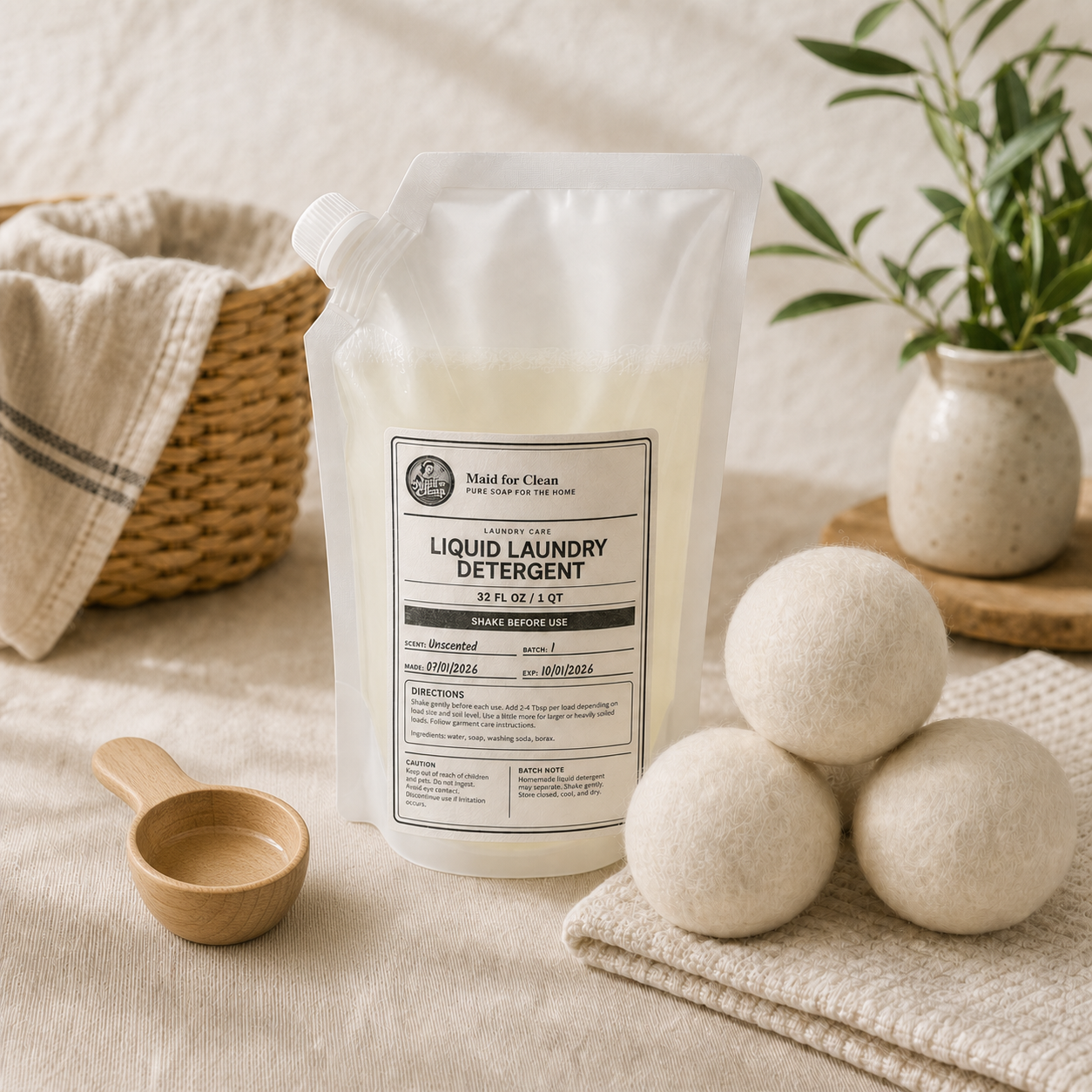 Laundry starter bundle with liquid detergent, liquid measuring cup, and wool dryer balls