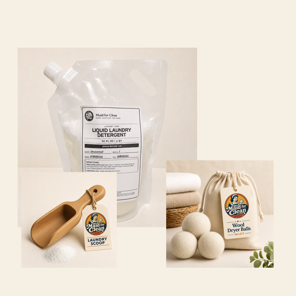 Laundry starter bundle with wash goods, scoop, and wool dryer balls