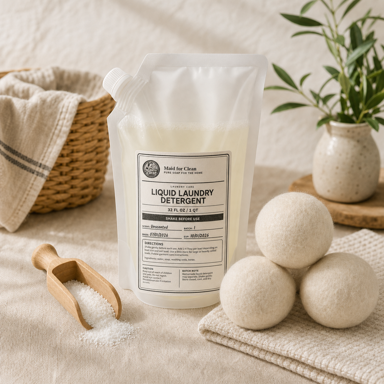 Laundry starter bundle with liquid detergent, scoop, and wool dryer balls