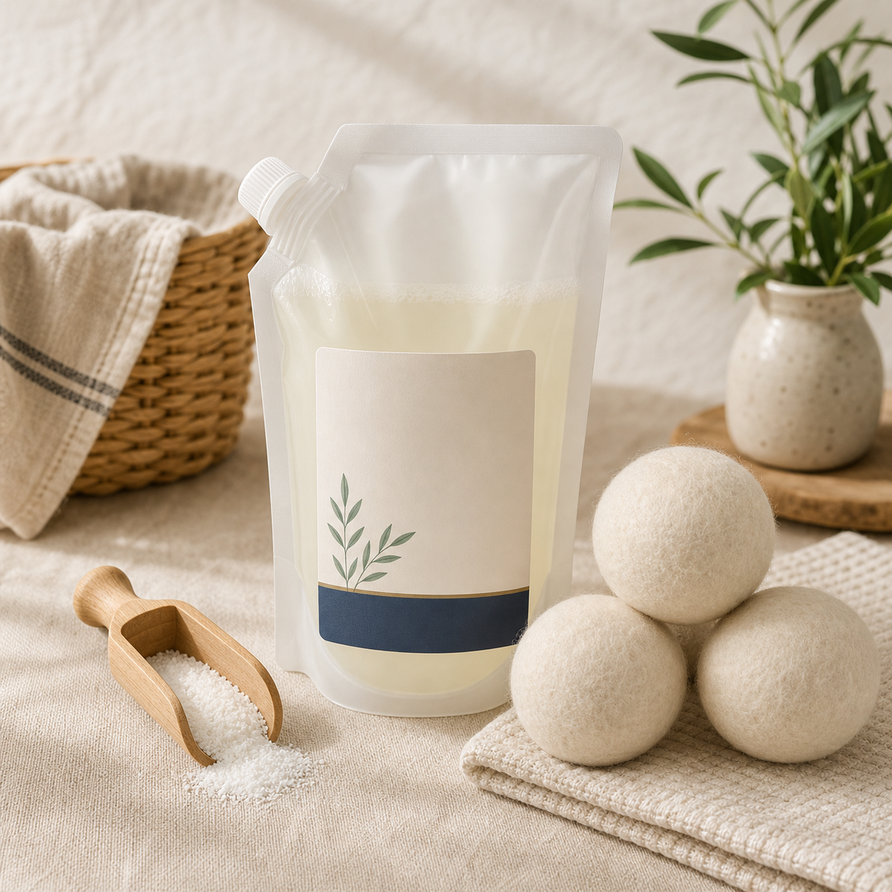 Laundry starter bundle with wash goods, scoop, and wool dryer balls
