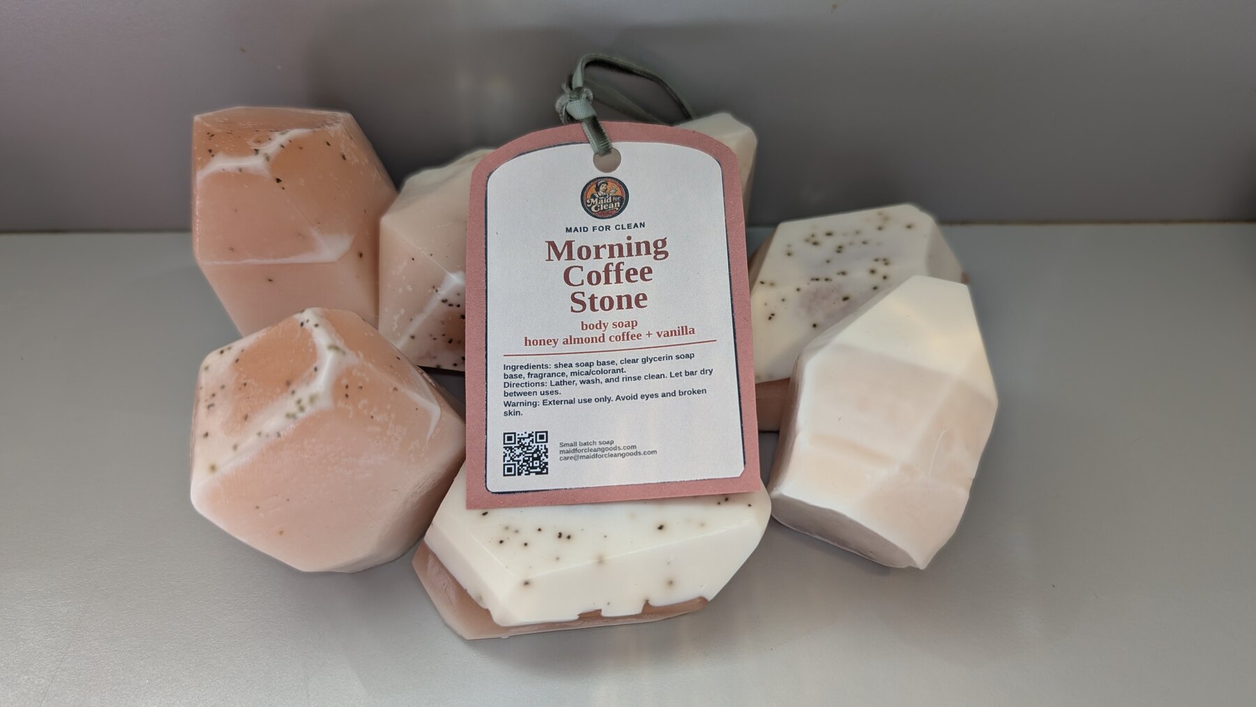Morning Coffee Stone soaps arranged with a finished Maid for Clean hang tag