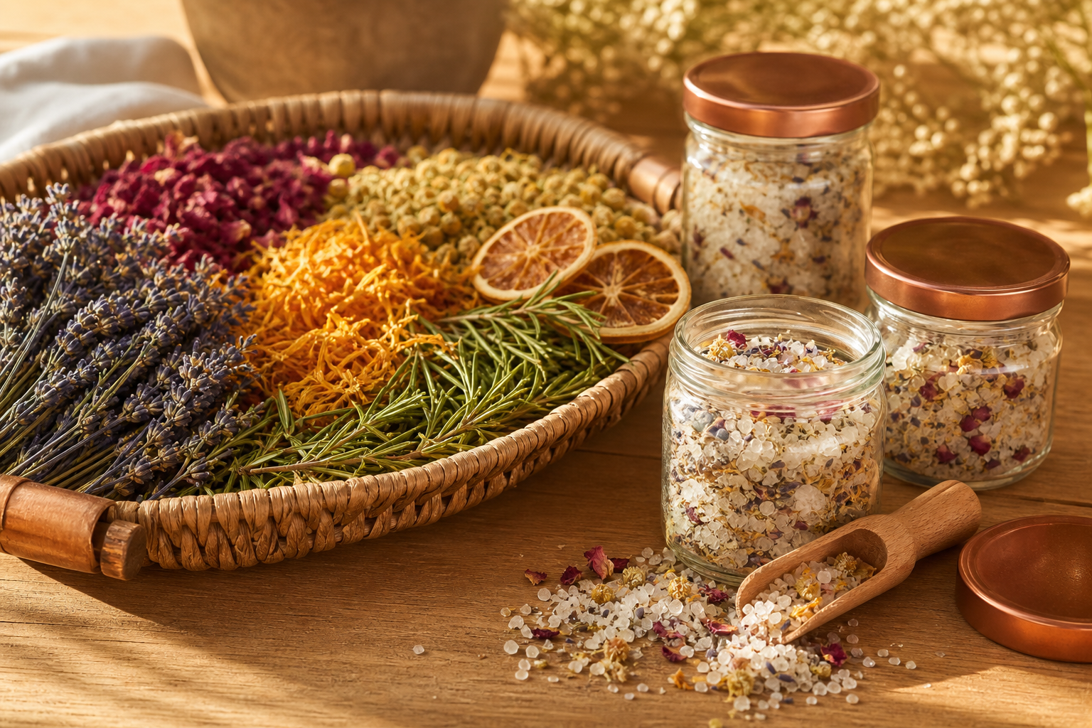 Basket of drying botanicals with bath salt jars, loose salts, and a wooden scoop on a sunlit table