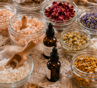 Bath soak and scrub bar ingredients with salts, botanicals, amber bottles, and wood scoops