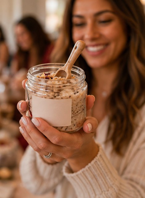Smiling guest holding a finished custom bath soak jar with a wood scoop