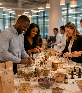 Office team blending custom bath soaks together at a workplace celebration table