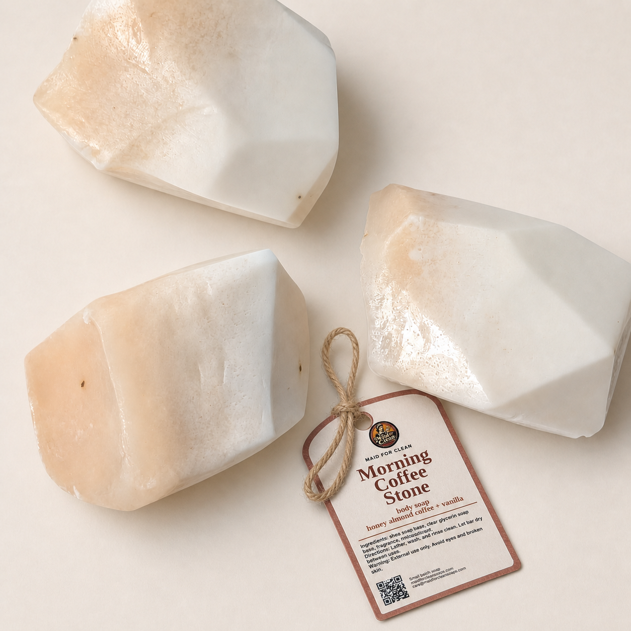 Rock-shaped soap bars with Morning Coffee Stone label