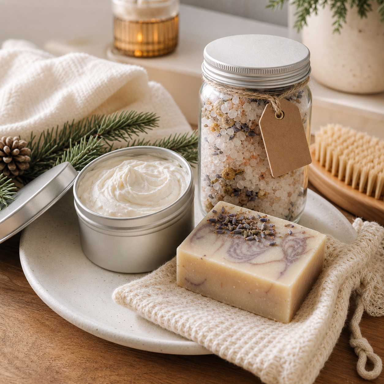 Self-care gift set with body butter, bath soak, and handmade soap bar