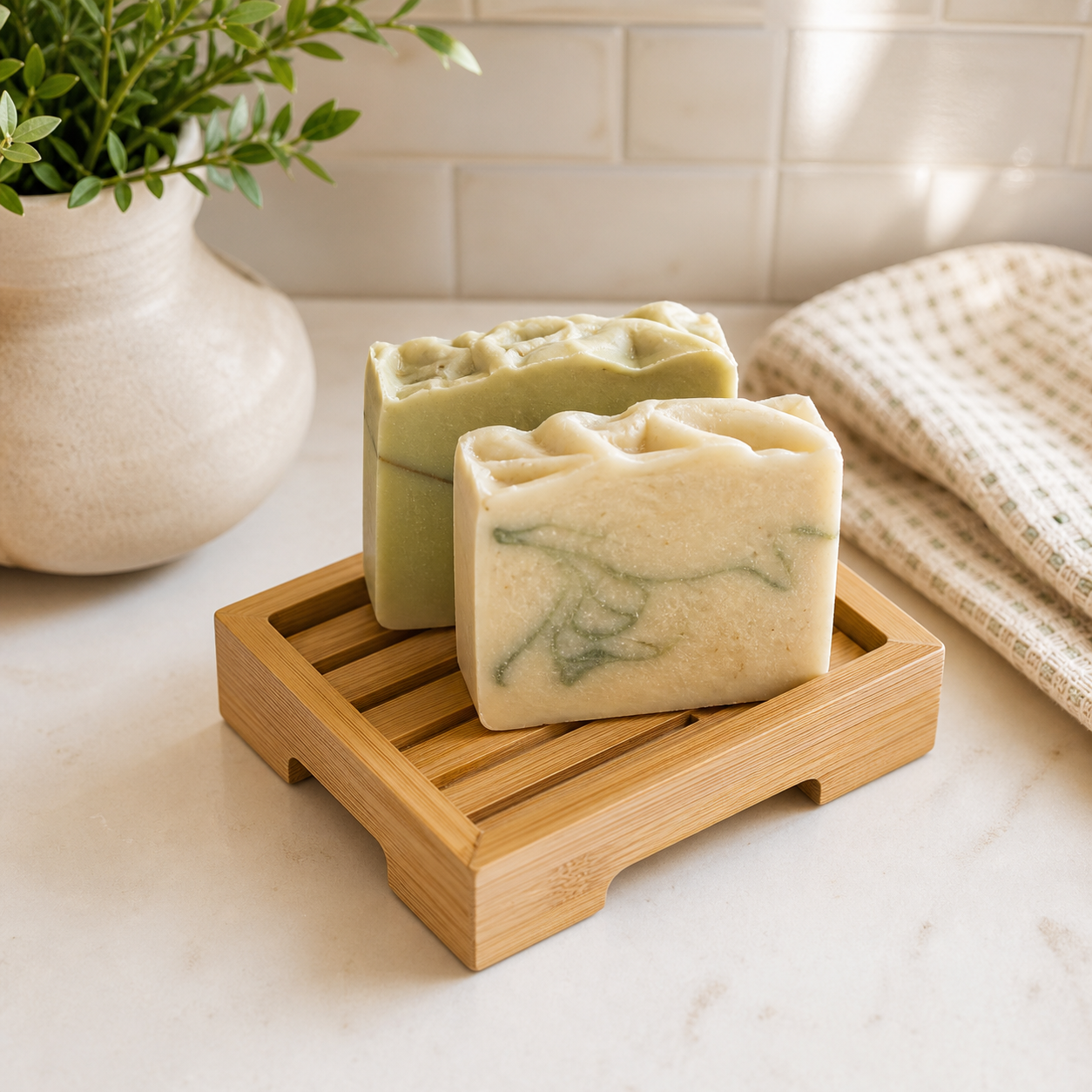 Sink-side soap set with two handmade soap bars and a wood soap saver dish