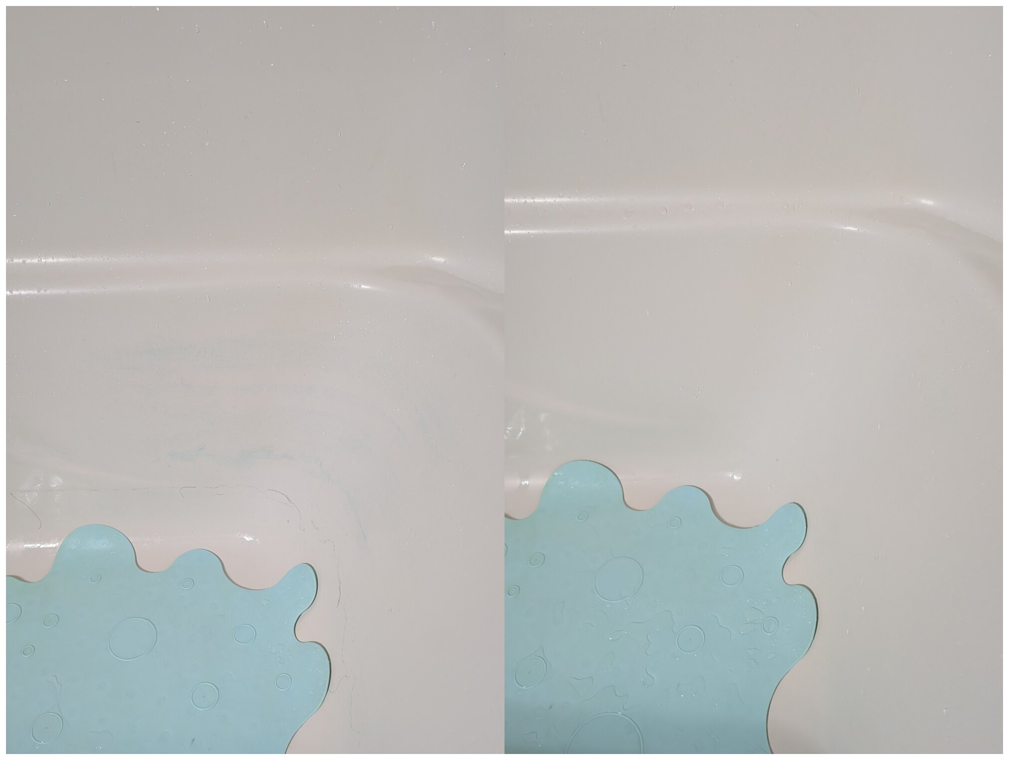 Before and after blue streaks removed from a bathtub after using Soft Scrub Soap Paste