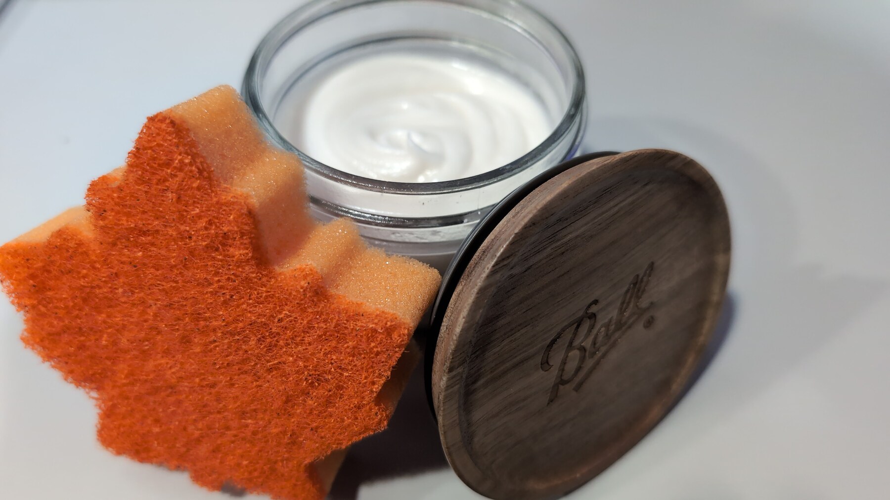 Soft Scrub Soap Paste jar with wooden lid and sponge
