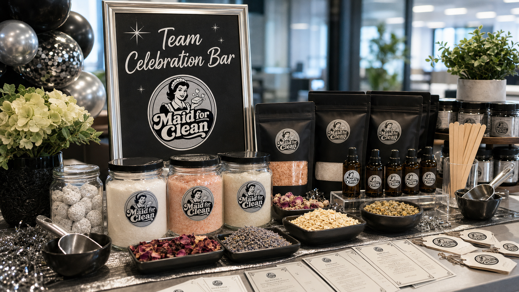 Black and white Team Celebration Bar setup with Maid for Clean round logo labels, botanicals, jars, and party supplies